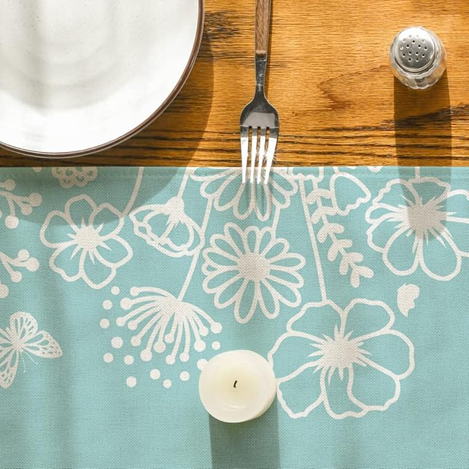 Artoid Mode Blue Bloom Flowers Butterfly Spring Table Runner, Seasonal Holiday Kitchen Dining Table Decoration for Home Party Indoor 13x108 Inch