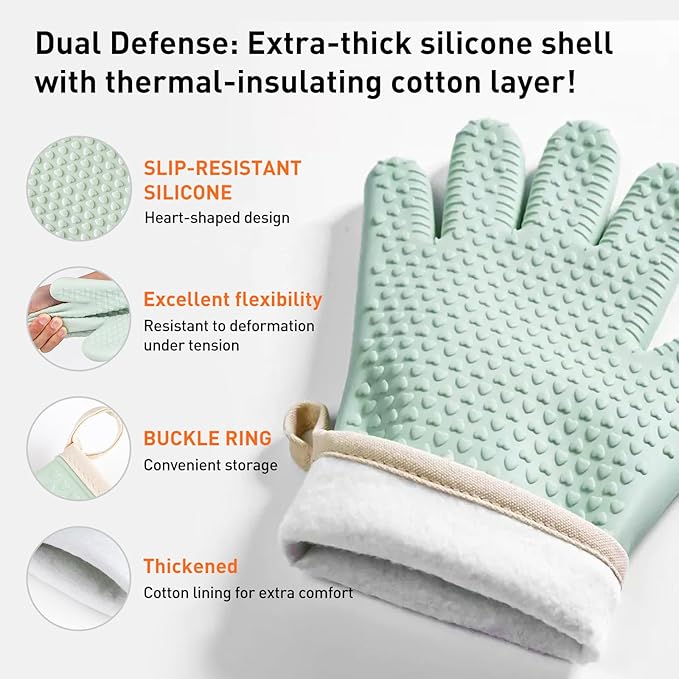 Silicone Oven Gloves with Fingers, High Temperature 450F Heat Resistant Oven Mitts Waterproof & Non-Slip Good Grip BBQ Grilling Gloves for Kitchen Cooking, Baking, Welding (Green) ﻿