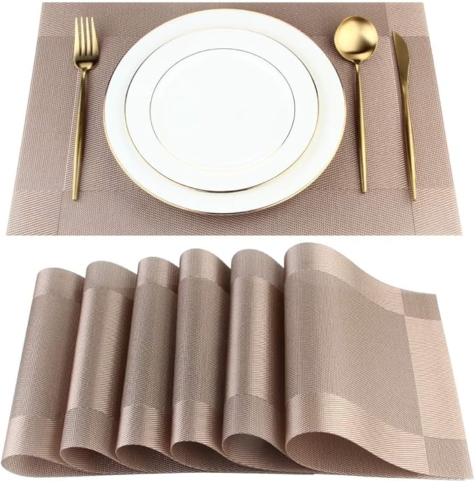 DACHUI Placemats Set of 4, Stylish Woven Place Mats for Dining Table, Washable & Durable PVC Table Mats (Champagne)