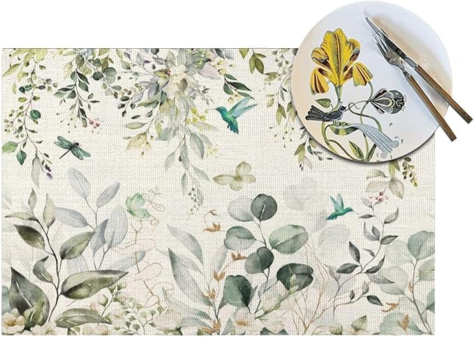 Spring Place mats Set of 4,12x18 Inches Green Floral Bird Eucalyptus Leaf Decorative Summer Decor Leaf Placemats Rectangle Spring Table Mats for Party Home Kitchen Dining Table Decoration