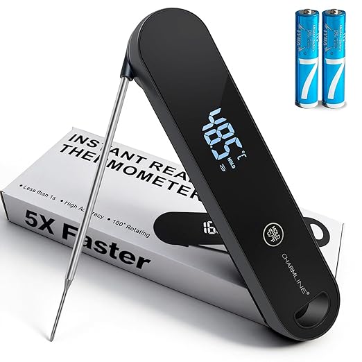 Charmline 0.5 Sec Instant Read Meat Thermometer Digital, 180° Auto-Rotating Display LED, Food Thermometer for Cooking, Baking and Grilling, Dual Battery Design for Longer-Lasting Performance