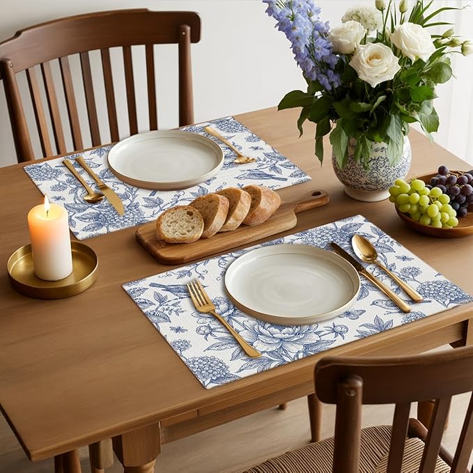 Hydrangea Flowers Branches Chinoiserie Spring Placemats Set of 4, 12x18 Inch Blue White Vintage Floral Bird Table Mats for Party Kitchen Dining Decoration, Washable Non-Slip Heat Resistant Place Mats