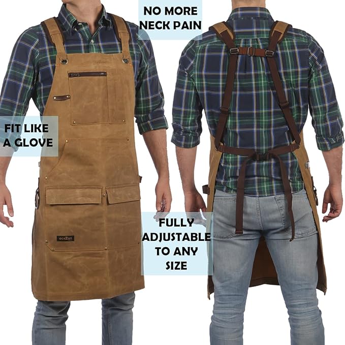 ecoZen Lifestyle Woodworking Apron for Men - Heavy Duty Waxed Canvas Carpenter Apron - For Workshop, Fully Adjustable S-XXXL