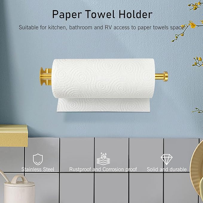SetSail Paper Towel Holder, Single Hand Operable Paper Towel Holder Under Cabinet with Adjustable Damper Easy Tear Wall Mount Self-Adhesive or Drilled for Kitchen Bathroom, Gold