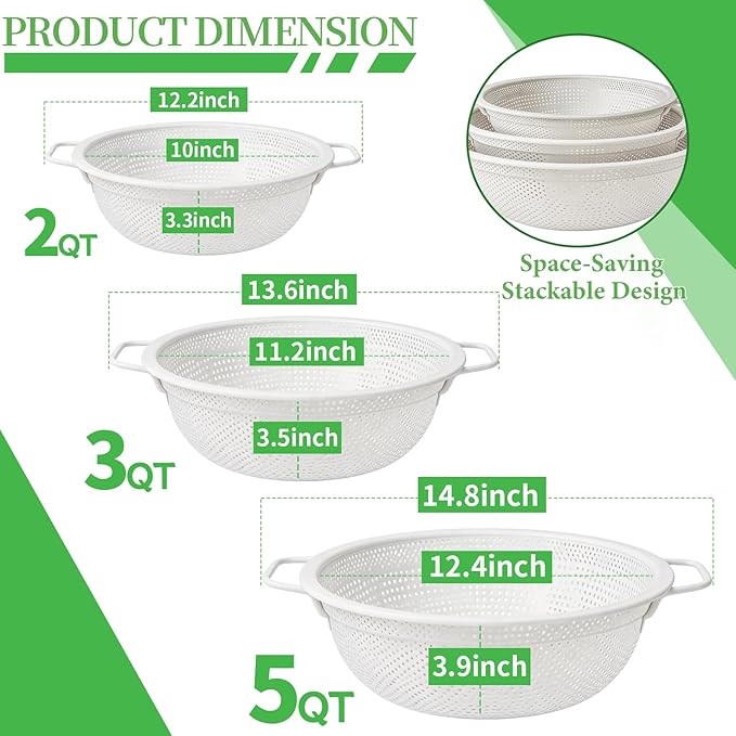 Colander Set with White Coating, Stainless Steel Micro-Perforated Colanders Strainers for Draining Rinsing Washing, Ideal for Vegetables Fruits, Heavy Duty & Dishwasher Safe