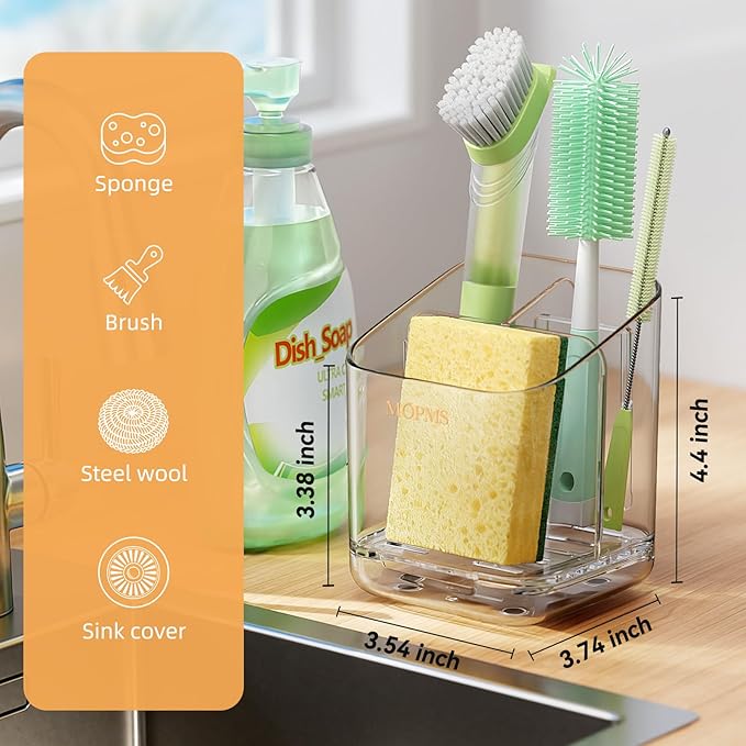 Minimalist Sponge Holder for Kitchen Sink, 3 Slots Sink Caddy with Removable Divider and Drip Tray, Clear PET Countertop Organizer to Free up Kitchen Sink Space
