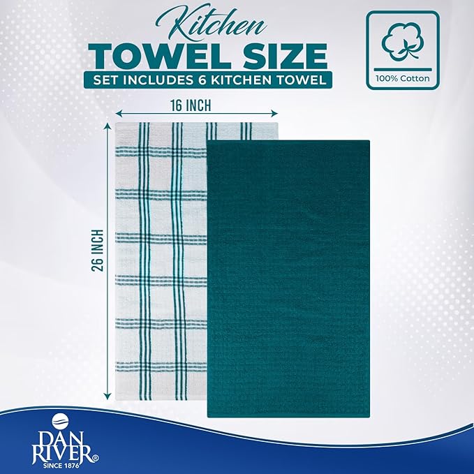 DAN RIVER Premium Kitchen Towels - [Pack of 6] 100% Cotton (16x 26 Inches) -Super Soft,Highly Absorbent, Quick Dry, Dish Towels for Kitchen Towels -Teal