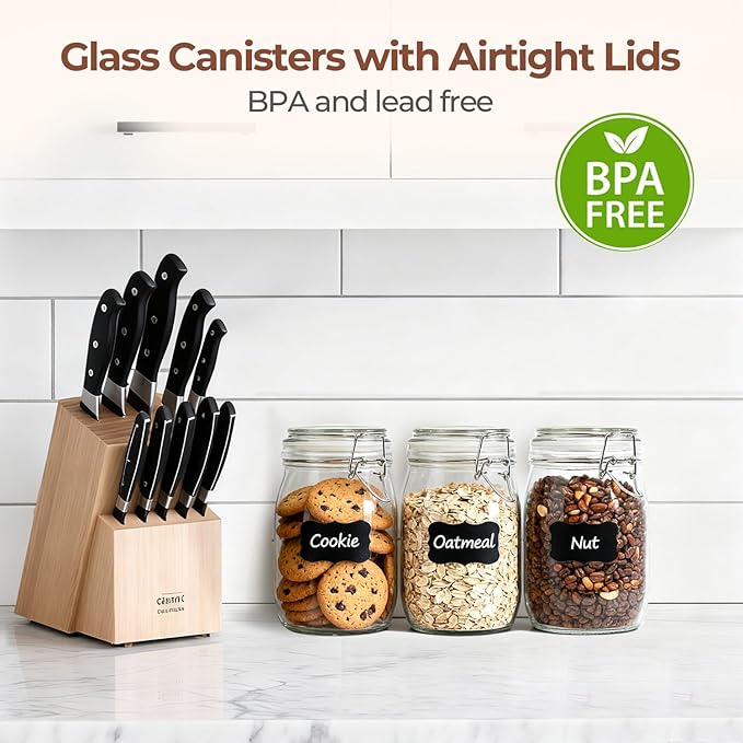 ComSaf 3-Pack 34oz Round Glass Apothecary Jars, Farmhouse Decor for Kitchen Counter Display, Airtight Cookie & Candy Jar for Coffee & Food Storage