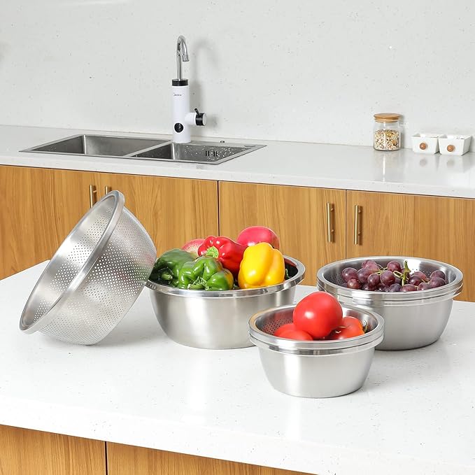 304 Stainless Steel Microporous Colander, 5QT Large Capacity with Mixing Bowl For washing vegetables, fruit and rice and for draining cooked pasta(2PC)