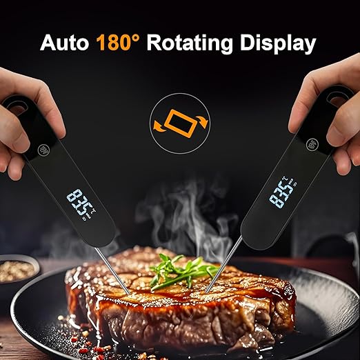 Charmline 0.5 Sec Instant Read Meat Thermometer Digital, 180° Auto-Rotating Display LED, Food Thermometer for Cooking, Baking and Grilling, Dual Battery Design for Longer-Lasting Performance