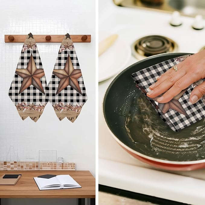 Jztco 2 Pcs Western Kitchen Towels, Western Texas Star Reusable Hand Tea Towel, Microfiber Dish Cloths for Drying Dishes, Waffle Dish Towels for Bathroom Kitchen Decor, Star Gifts for Women Mom