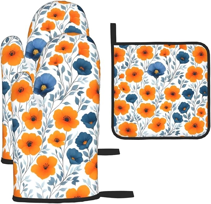 Spring Orange Blue Floral Oven Mitts and Pot Holders Sets of 3, Heat Resistant Non-Slip Burnt Orange Navy Flowers Kitchen Gloves Hot Pads for Cooking BBQ Grilling, Chef Baking Gifts for Women Baker