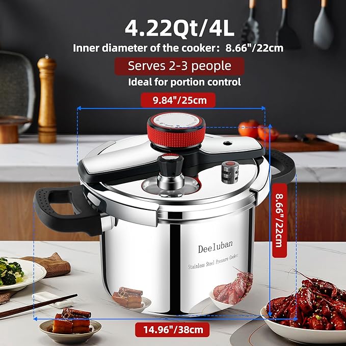 4.22 Quart Stainless Steel Pressure Cooker, Small Compact Stovetop Pressure Cooker, Induction Ready, Safety Lock, Fast Cooking Pot for Home Kitchen