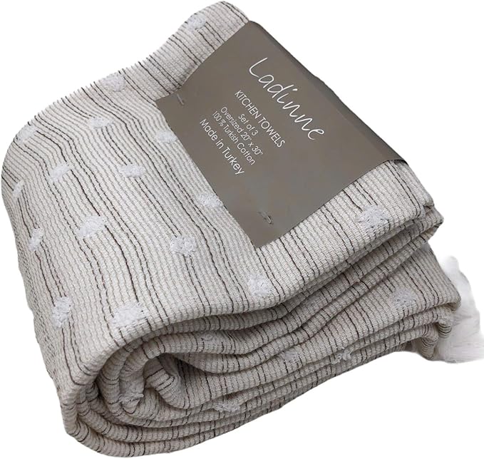 Kitchen Towels Set of 3 Oversized 20 x 30in 100% Turkish Cotton, Terrycloth, Striped Light Brown with Pop up Dots | Made in Turkey