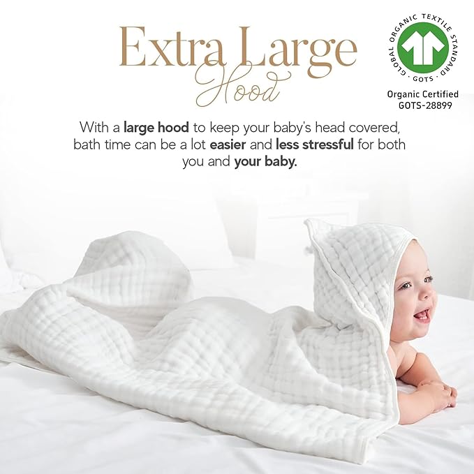 Muslin Hooded Baby Towel 4 Pack, 100% Organic Premium Cotton, (2) 6-Layer 32x32 Bath Towels & (2) Washcloths, Soft Newborn & Infant Gift Set (Blue Stripe & White)