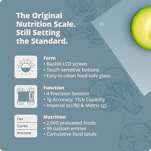 Greater Goods Digital Nutrition Scale – Accurate Macro and Calorie Tracking for Meal Prep, Weight Loss, and Healthy Eating | 2,000 Built-in Foods, Intuitive Nutrition Label Display, 11lb Cap, Blue