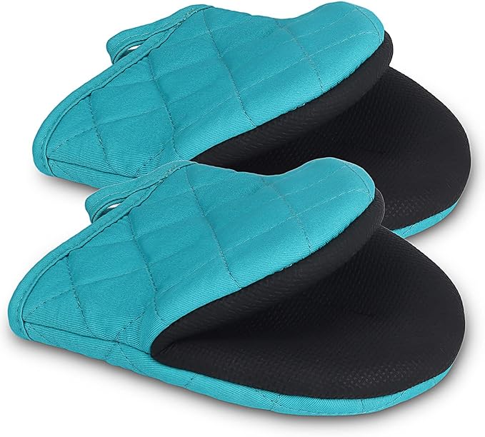 Short Oven Mitts, Heat Resistant 500°F, Silicone Grip Kitchen Gloves, Non-Slip for Baking, Grilling, BBQ, Machine Washable with Hanging Loop, 2-Pack Set, Coral Blue