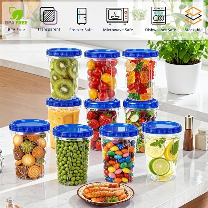 15 Pack 34oz Reusable Freezer Storage Containers with Twist Top Lids Airtight, Clear Plastic Soup Freezer Containers, Quart Food Storage Containers with Lids for Meal Prep Leftover Lunch Salad Fruit