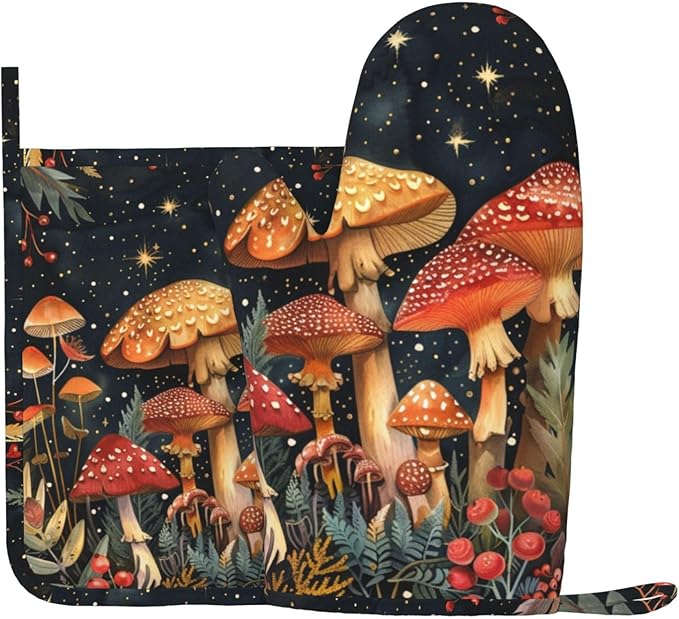 Oven Mitts and Pot Holders Mushroom Forest Vintage Silicone Kitchen Accessories Set of 2 Heat Resistant Long Gloves Potholder Non-Slip Grip for Chef Cooking Baking Grilling BBQ