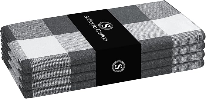 Buffalo Check Cloth Napkins, Set of 4, Soft, Absorbent, Reusable Table Napkins, Checked Napkins for Dinner, Lunch, Wedding, Buffet, Party, Holiday - Grey White (16 x 16 inches)