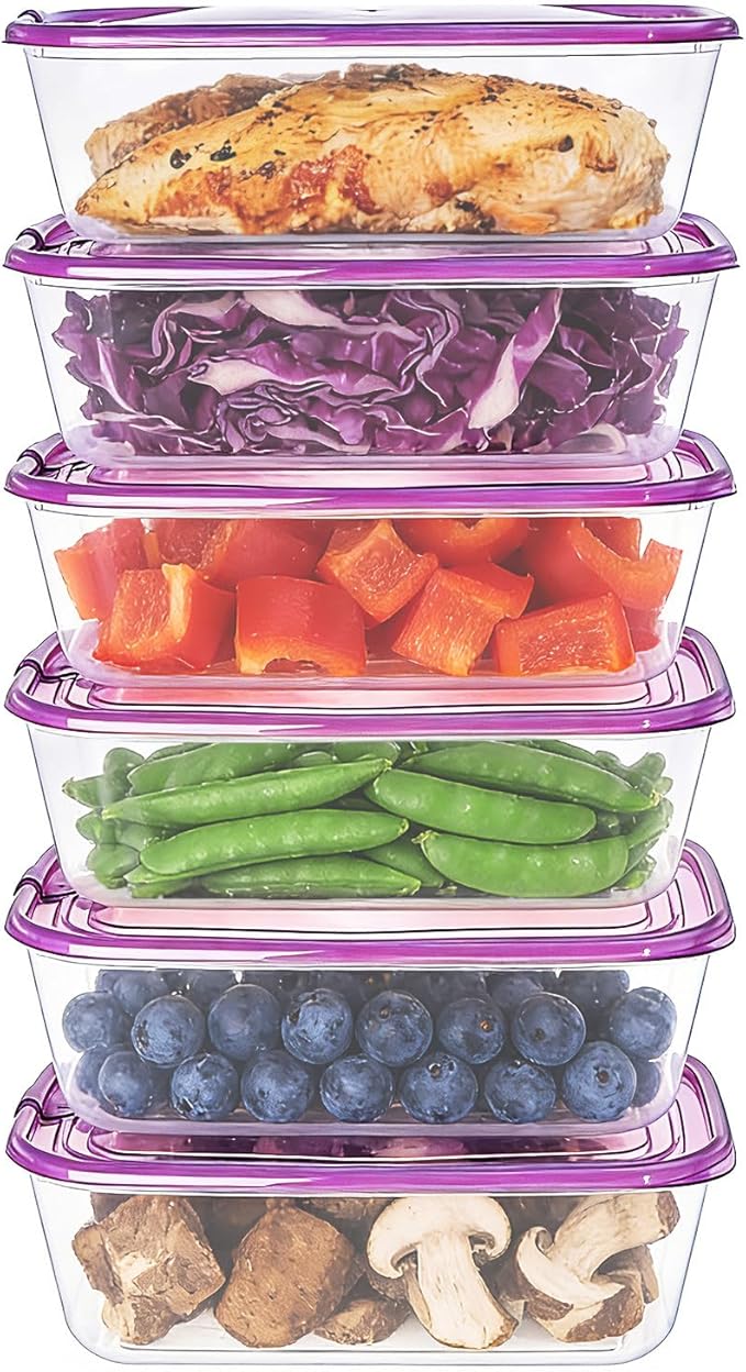 KIGI Plastic Food Containers, Snap-on Lids, BPA-Free, Vented & Microwave Safe for Leftovers, Stackable, Lightweight & Portable for on-the-go (5.4 Cup 6 PACK)