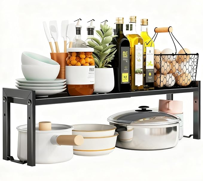 Expandable Cabinet Shelf Organizer 16-26" L Stackable Kitchen Counter Shelf Rack Sink Riser Countertop Storage Black (Normal 7.9”D)
