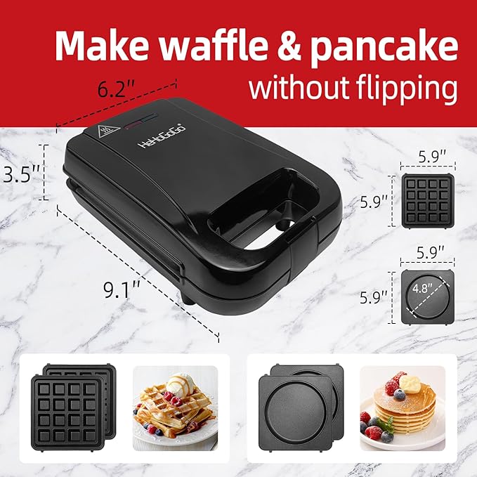 2-in-1 Waffle Maker Pancake Maker with Removable Plates