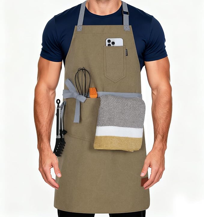 Womens Apron with Pockets Adjustable Shoulder Strap,Aprons for Men 38.5" Extra-Long Straps Fit More Body Types,Chef Apron for Kitchen Garden Barbecue Woodworking(Khaki)