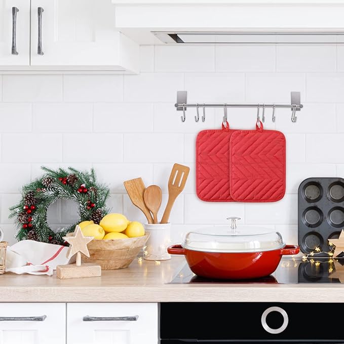 R HORSE 6Pcs Christmas Red Pot Holders with Pocket for Kitchen Cotton Pocket Pot Holder Set Heat Resistant Potholder Terry Coaster Oven Mitts Hot Pads Trivet for Baking Cooking 7''x9''