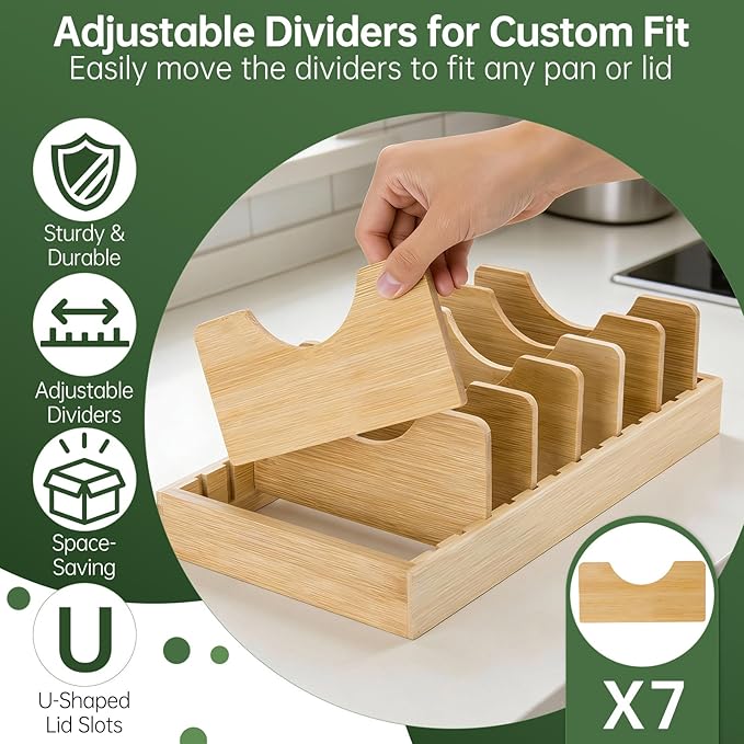 Pan Organizer Compatible with Caraway, Pots and Pans Organizer Under Cabinet, Bamboo Pot Lid Organizers with Adjustable Dividers, U-Shaped Lid Slots, Ideal for Kitchen Countertop and Cabinet Storage