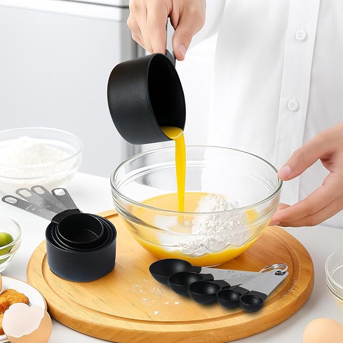 Measuring Cups and Spoons Set, 10-Piece Stackable Kitchen Tools with Stainless Steel Handles, Nesting Measurement Gadgets for Cooking & Baking (black)