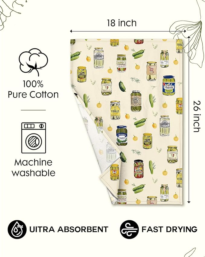 Miss Adola Flour Sack Kitchen Towels - Set of 2 Spring Dish Towels with Hanging Loop 18x26 Inch Absorbent Reusable Cotton Cloths for Cleaning Cute Design Home Decorative Housewarming, Canned Kimchi