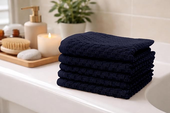 COTTON CRAFT Waffle Weave Wash Cloth - 12 Pack Luxurious Pure Ringspun Cotton Euro Spa Bathroom Face Towel - Absorbent Quick Dry Gym Shower Bath Kitchen Travel - 12x12 inches - Navy