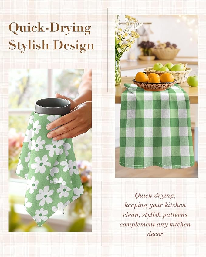 Miss Adola 2pcs Flour Sack Kitchen Towels - 18"x 26" Cotton Kitchen Hand Towels with Hanging Loop Reusable Geometric Green Farmhouse Plaid Floral Tea Towel Absorbent Dishcloths Home Decor, Sage Green