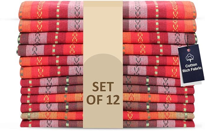 LFH Home Cotton Rich Cloth Salsa Napkin Set of 12 Valentine’s Day Romantic Red Washable Soft Durable Striped Table Napkins for Dining, Wedding, Daily Use, Reusable Eco-Friendly Fabric (18x18)