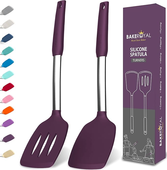 BakeRoyal Silicone Spatula Set - Turner Spatulas Silicone Heat Resistant 600°F - Slotted & Solid Spatula for Cooking Fish, Eggs, Pancakes Flipper – Spatulas for kitchen use – Berry