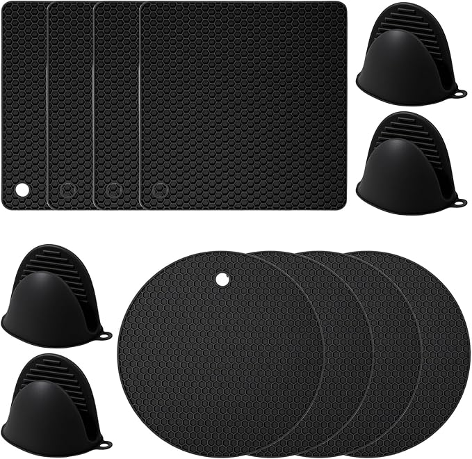 12 Pack Silicone Trivet Mats Hot Pads with Silicone Oven Mitts Non Slip Pot Holders Heat Resistant Trivet Pads Cooking for Kitchen Counter Table Placemats (Black)