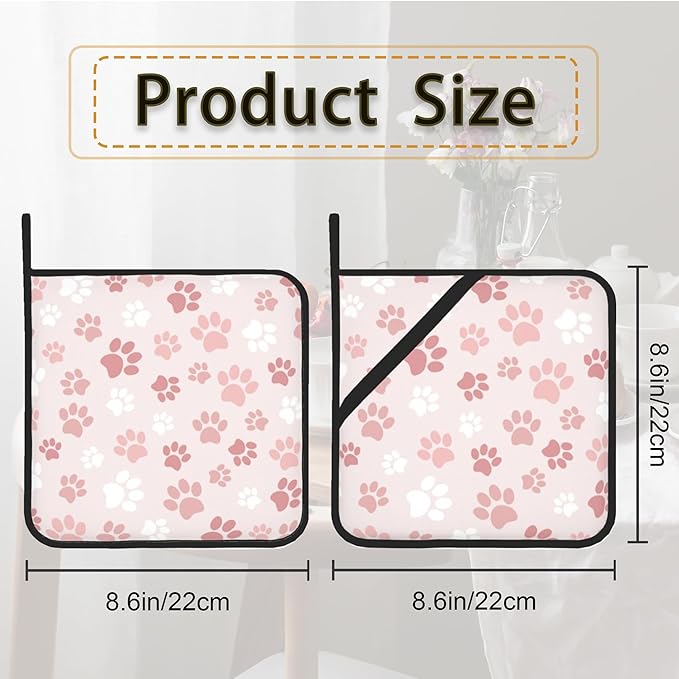 Cute Pink Cat Dog Paw Prints Pot Holder Set of 2,Heat Resistant Potholders Oven Hot Pads for Kitchen Cooking Baking BBQ