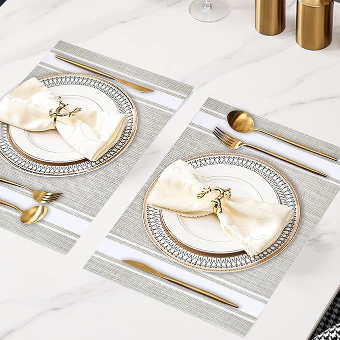 DACHUI Placemats Set of 4, Soft & Elegant Woven Vinyl Place Mats, Water Resistant, Heat Resistant, Washable, Durable Table Mats (White Stripes)