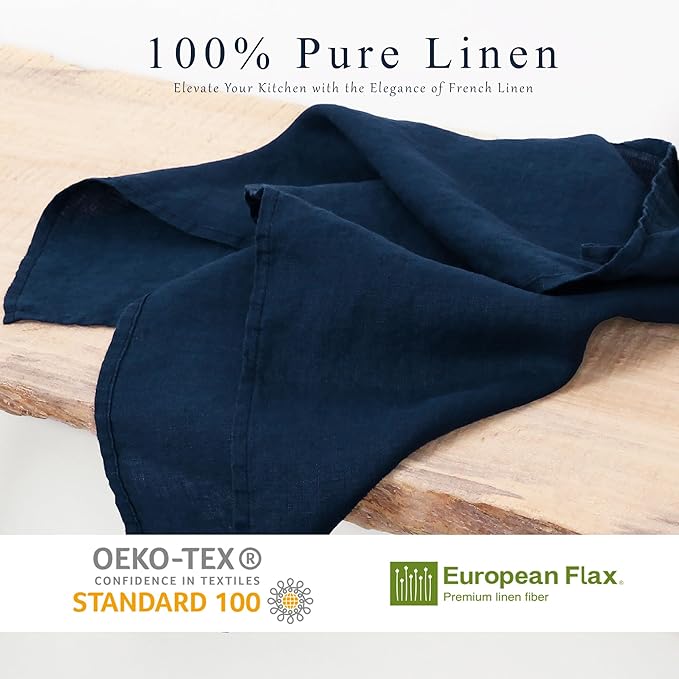 100% Linen Tea Towels - 14 x 28 Inch Pure French Linen Kitchen Dish and Hand Towels (Set of 4) (Navy)