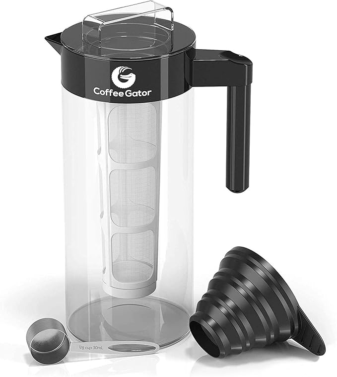 Coffee Gator Cold Brew Coffee Maker - 47 oz Iced Tea and Iced Coffee Maker and Pitcher with Borosilicate Glass Carafe, Filter - Black