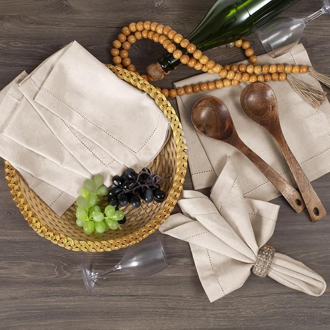 Bedding Craft Linen Flax Cotton Cloth Dinner Napkins Set of 12 – 18x18 Natural Fabric with Hemstitched Mitered Corners – Machine Washable Wedding, Cocktail & Party Table Napkins