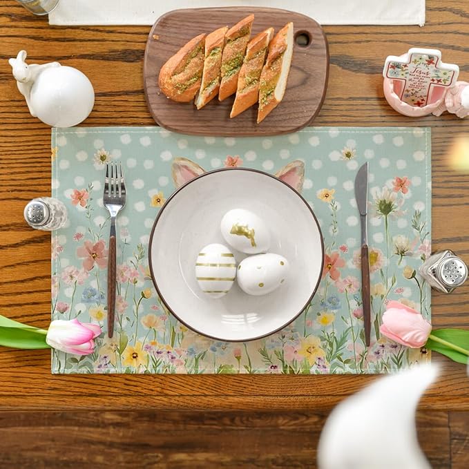 Artoid Mode Blue Bunny Polka Dot Easter Placemats Set of 4, 12x18 Inch Flower Seasonal Spring Holiday Table Mats for Party Kitchen Dining Decoration