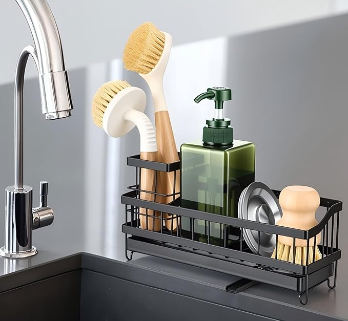 Sink Caddy with 360° Rotating Self Draining, Countertop Sponge Holder, Sink Side Organizer for Bottle Brushes, Sink Accessories for Kitchen, Bathroom - Black