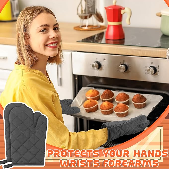 6 Pairs Heat Resistant Oven Mitts Kitchen Oven Gloves 11 Inch Long Quilted Cotton Polyester Kitchen Gloves for Cooking, Baking, Grilling BBQ (Charcoal Grey)