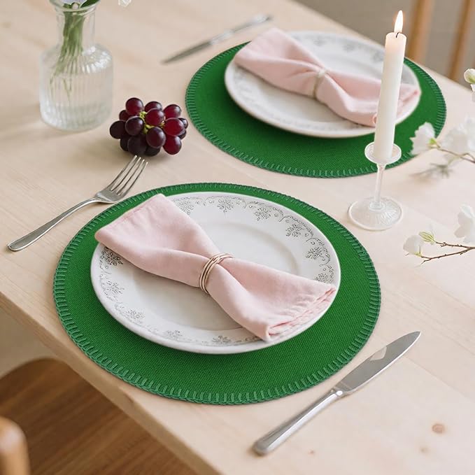 Round Placemats Set of 6, 15 Inch Linen Fabric Table Placemats, Heat Resistant, Wrinkle Free Washable Placemats Kitchen Place Mats Set of 6 for Dining Table Party Table (Green, 6)