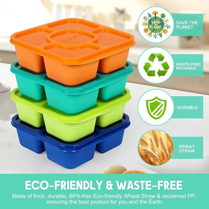 Caperci Original Lunchable Snack Containers for Kids & Adults - 5 Compartments Bento Snack Boxes with 4 Leakproof Small Containers, Wheat Straw, BPA-Free, Set of 4