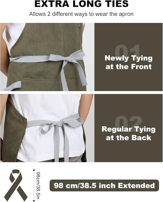 Womens Apron with Pockets Adjustable Shoulder Strap,Aprons for Men 38.5" Extra-Long Straps Fit More Body Types,Chef Apron for Kitchen Garden Barbecue Woodworking(Dark Green)