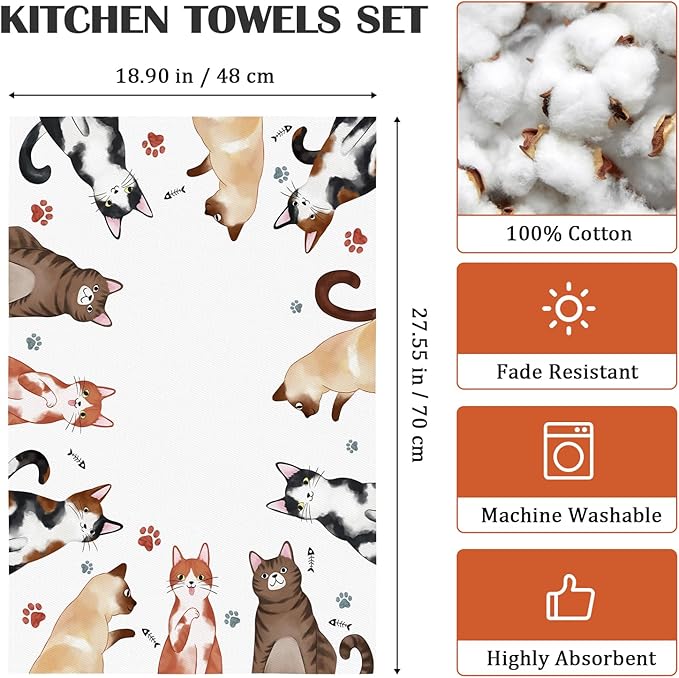 Cats Tea Towels, Cotton Kitchen Towel 18.9 × 27.5 inch, Quick Drying Dish Cloth for Cat Lovers Party Anniversary Holiday Decoration, Housewarming Gifts for Mom