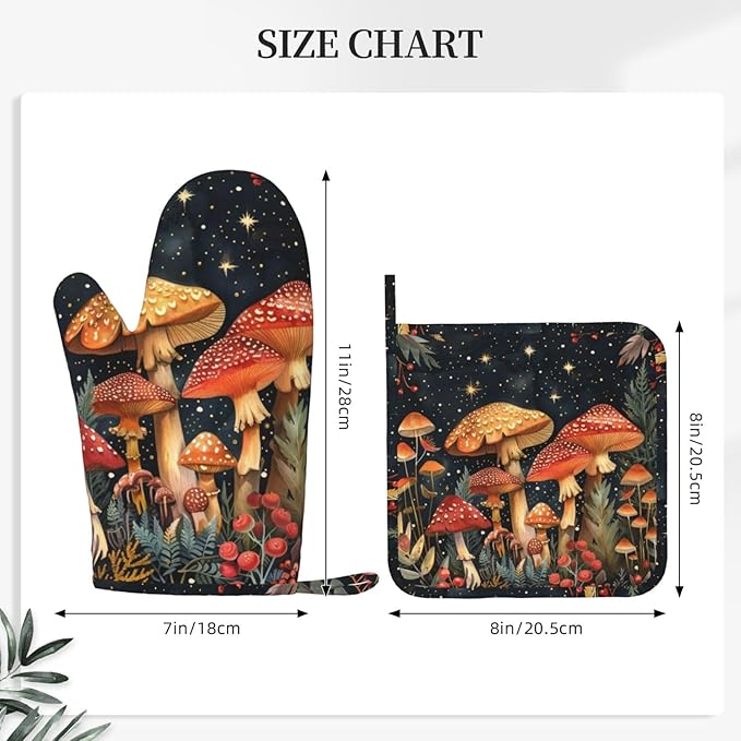 Oven Mitts and Pot Holders Mushroom Forest Vintage Silicone Kitchen Accessories Set of 2 Heat Resistant Long Gloves Potholder Non-Slip Grip for Chef Cooking Baking Grilling BBQ
